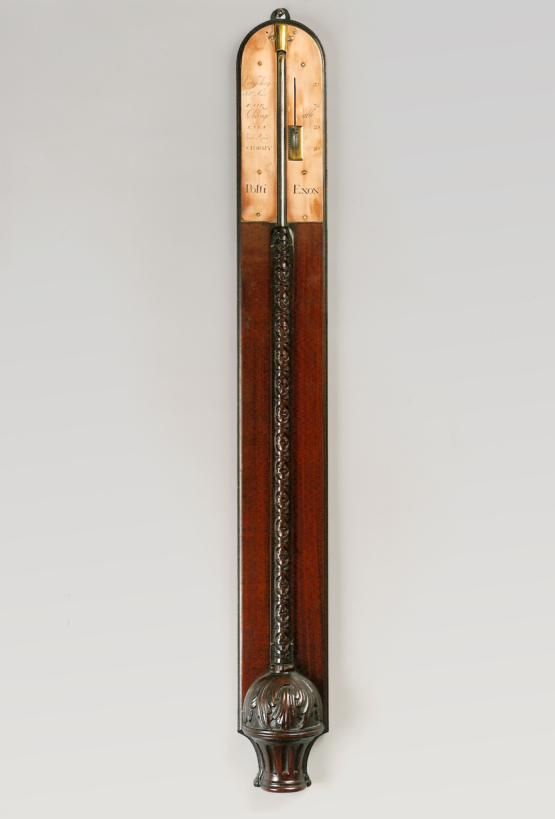 ENGLISH ANTIQUE GEORGE II MAHOGANY STICK BAROMETER BY POLTI OF EXETER